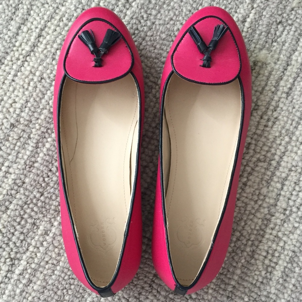 C. Wonder gorgeous pink loafers with navy trim and tassel
